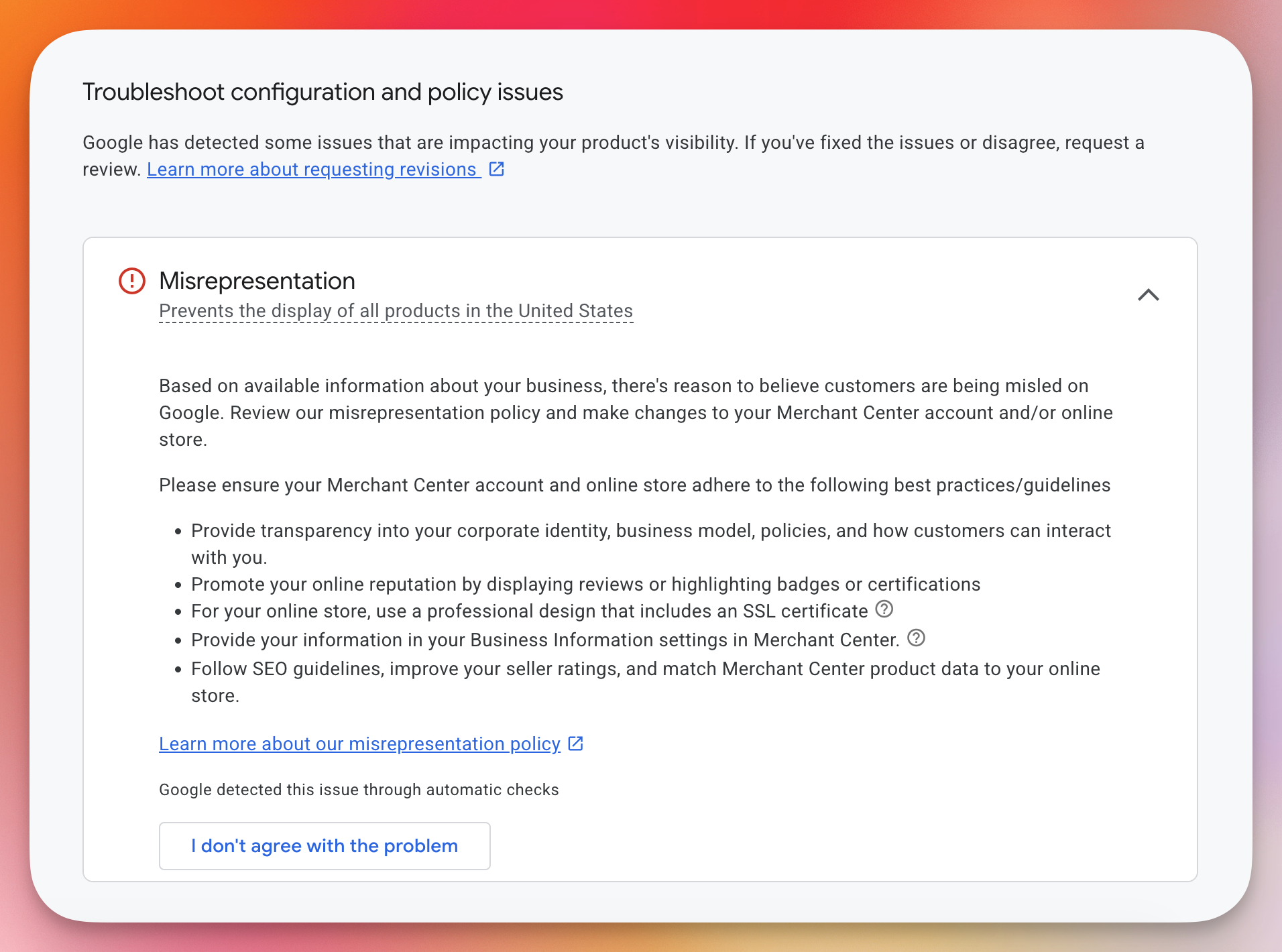 Google Merchant Center Misrepresentation Fix